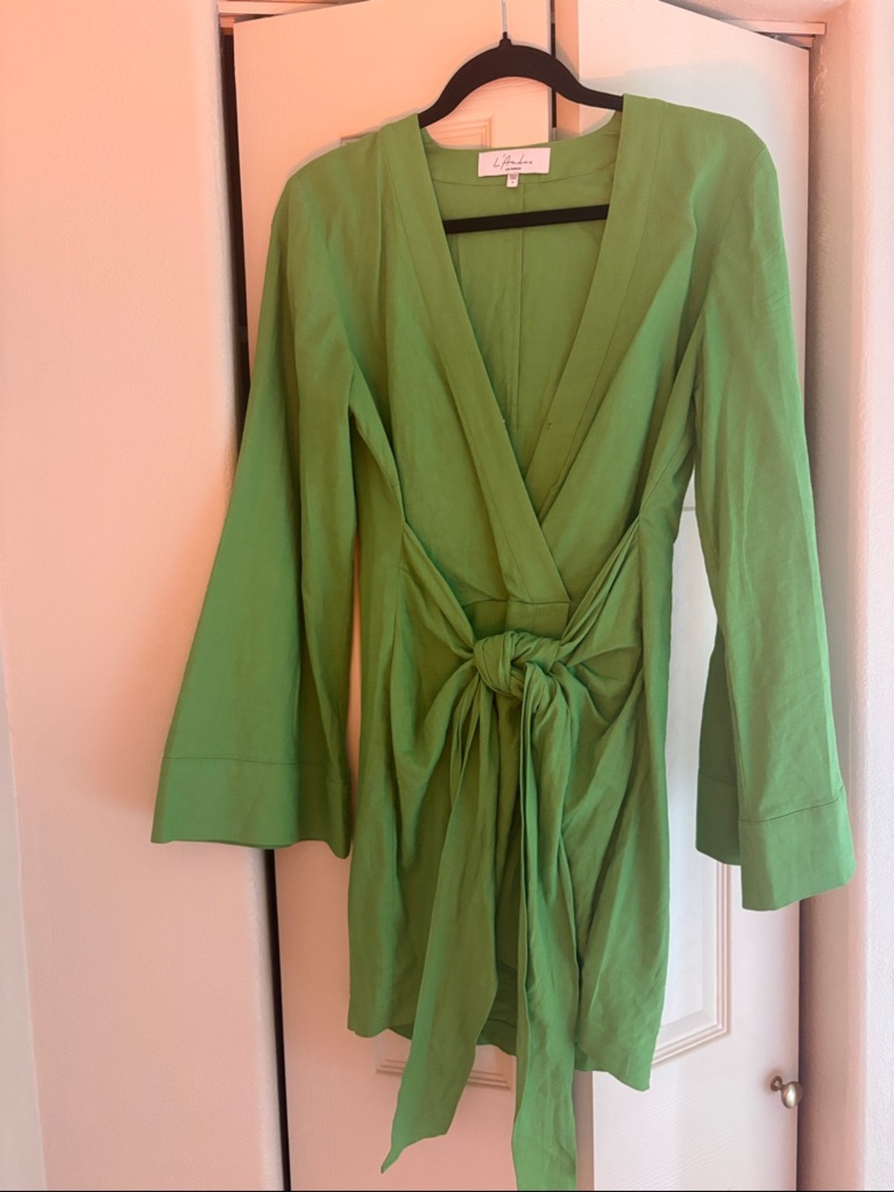 L'Academie x Revolve Linen Wrap Dress | Green | Tie Front | Bell Sleeve